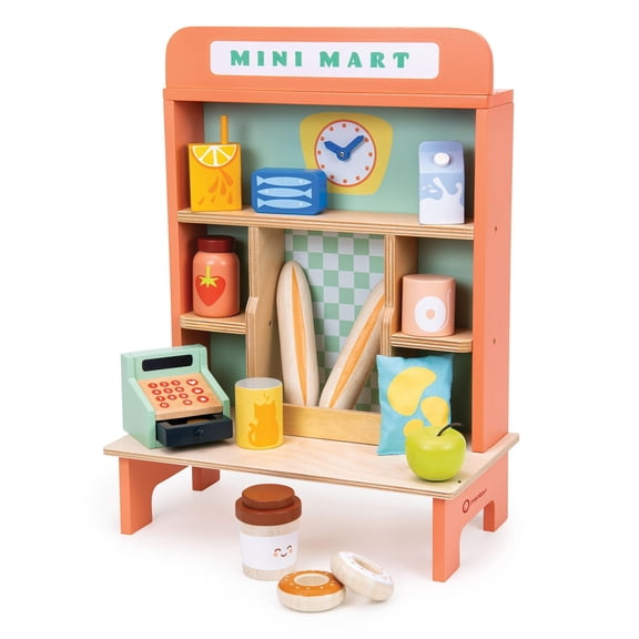 Mentari Toys - Mini Mart - 18pc Wooden Grocery Set and Stand - Pretend Play Food and Shopping Set for Kids - Encourages Social Skills, Imaginative Play, and Early Math - Age 3 
