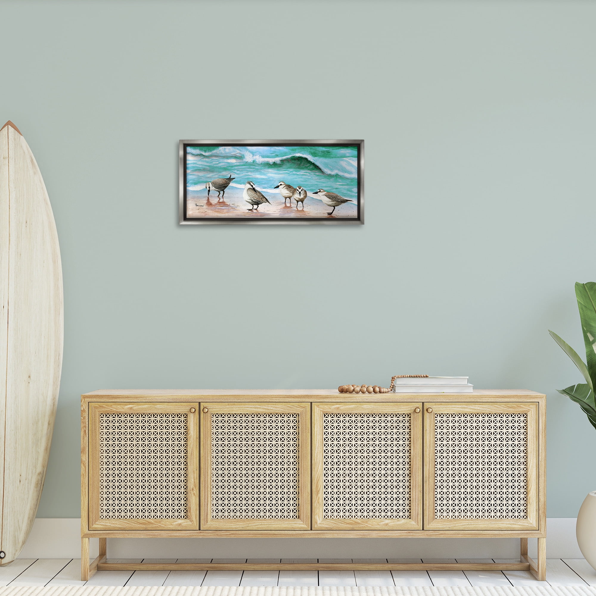 Stupell Industries Sandpipers Along Beach Shore Animals & Insects Painting Gray Floater Framed Canvas Art Print Wall Art, 31 x 14