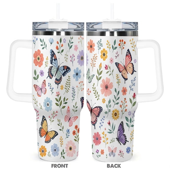 40oz Butterfly Wildflower Floral Tumbler With Handle and Straw Insulated Travel Cup for Car Office Gift