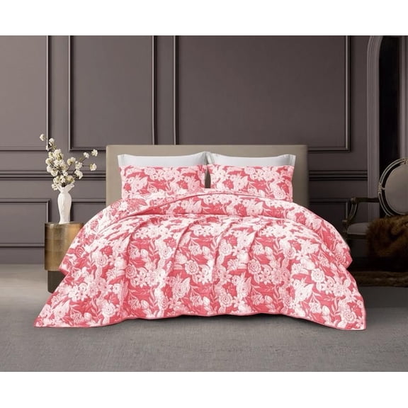 CHARLOTTE FLOWERS ROSE COLOR DECORATIVE BEDSPREAD SET 3 PCS QUEEN SIZE
