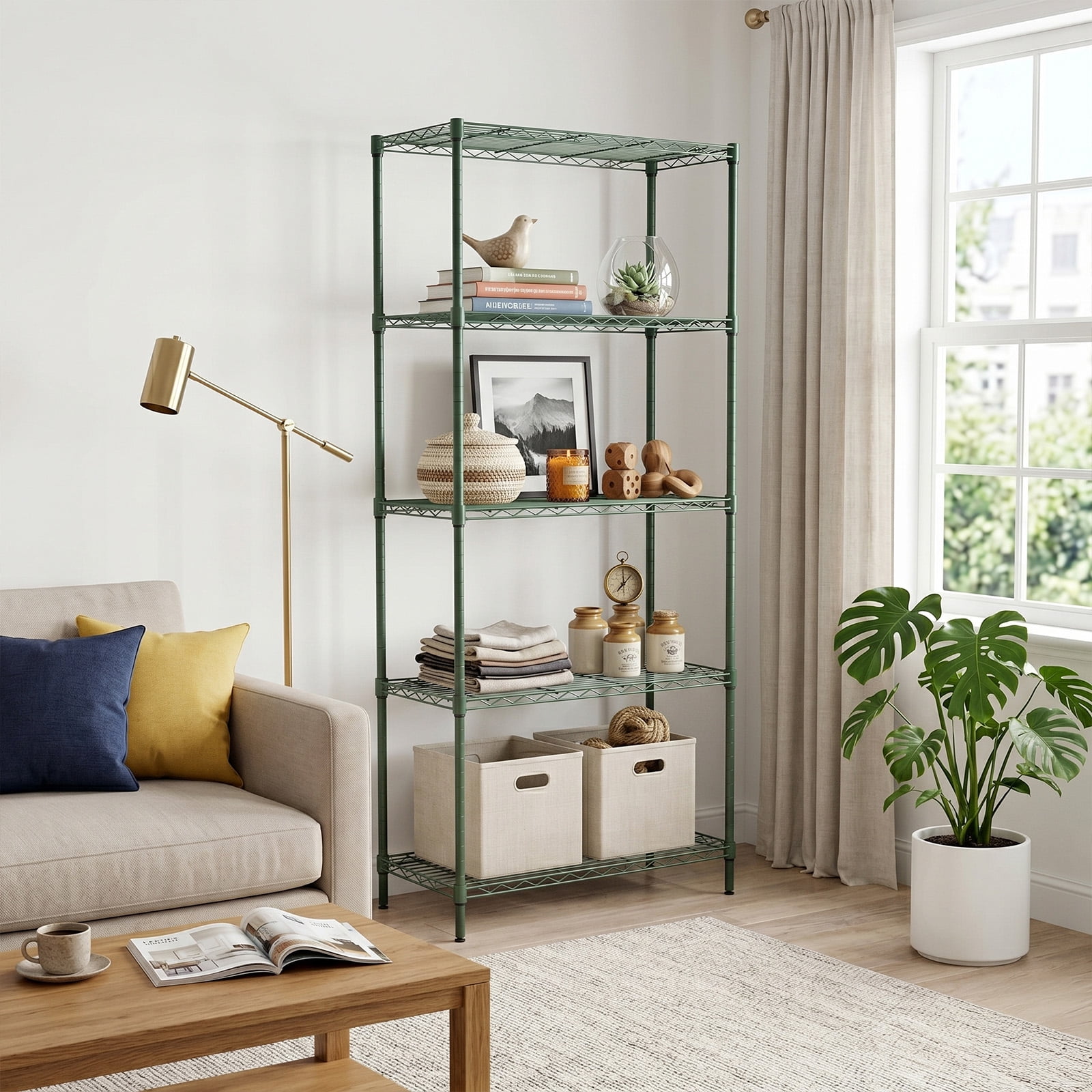 5-Layer Adjustable Display Rack Iron Household Shelf with Adjustable Feet 29.13 x 13.39 x 59.06 in Forest Green