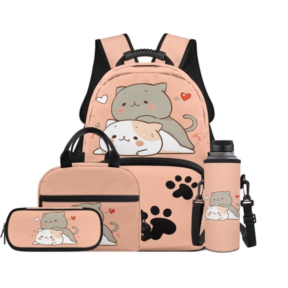 Garronmavis Kids Backpack Set, 4-Piece School Bag Set with Lunch Bag & Pencil Case & Water Bottle Bag, Cute Cat Print for Girls and Boys Elementary School Daily Use