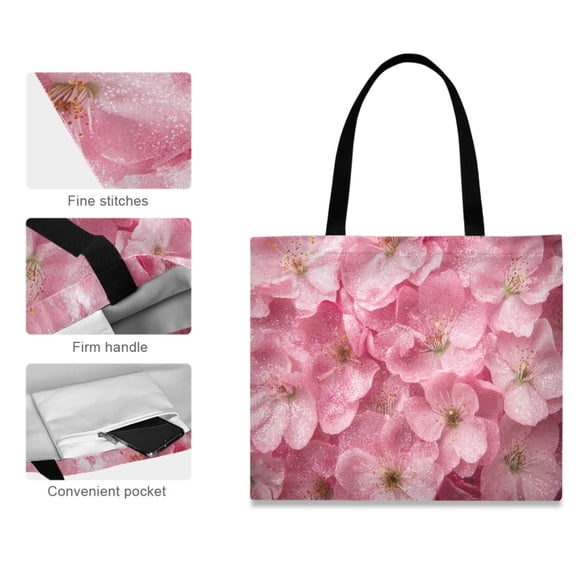 Canvas Tote Bag for Women Girls Design Print Pink Flowers with Glitter Tote
