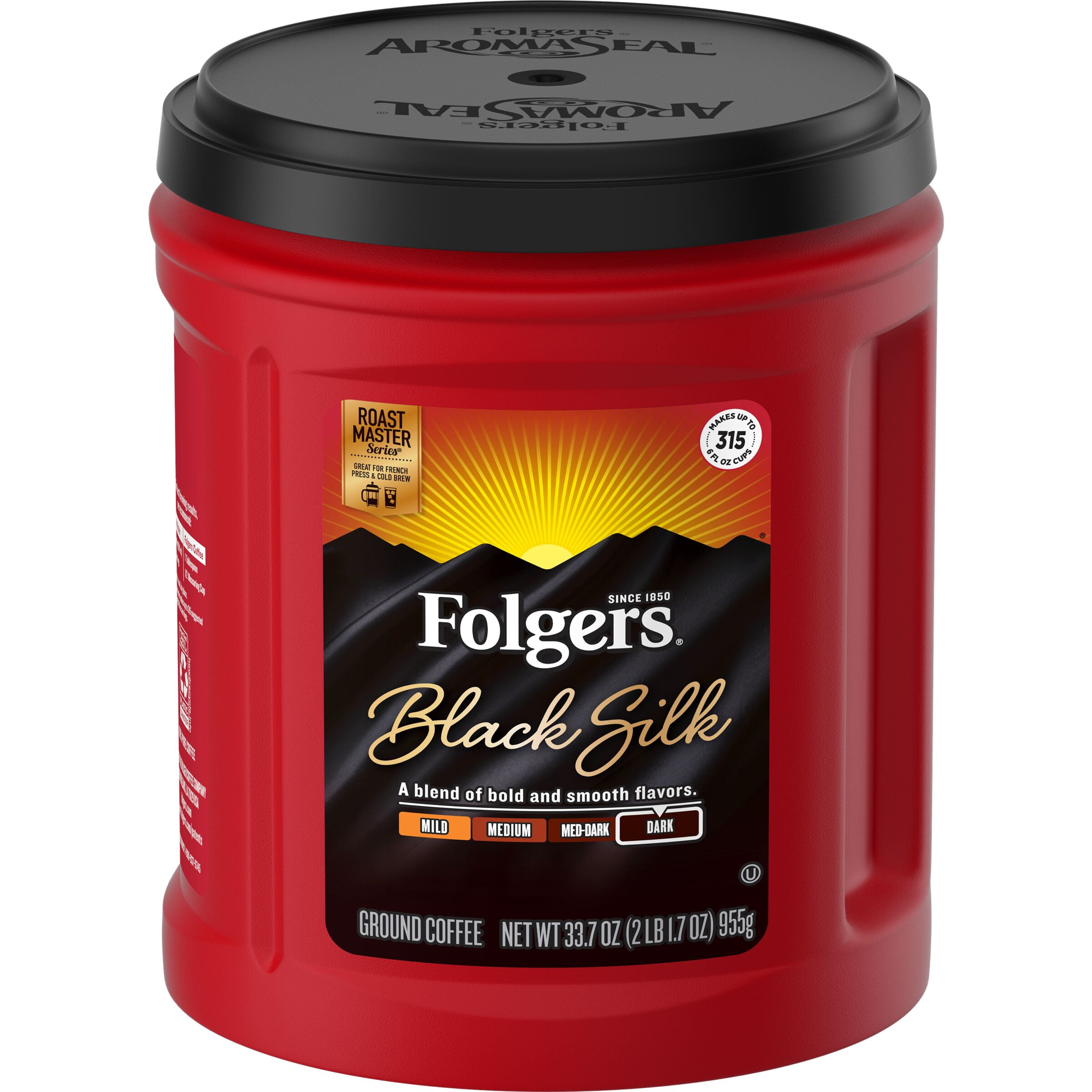 Folgers Black Silk Ground Coffee, Smooth Dark Roast Coffee, 33.7Ounce Canister