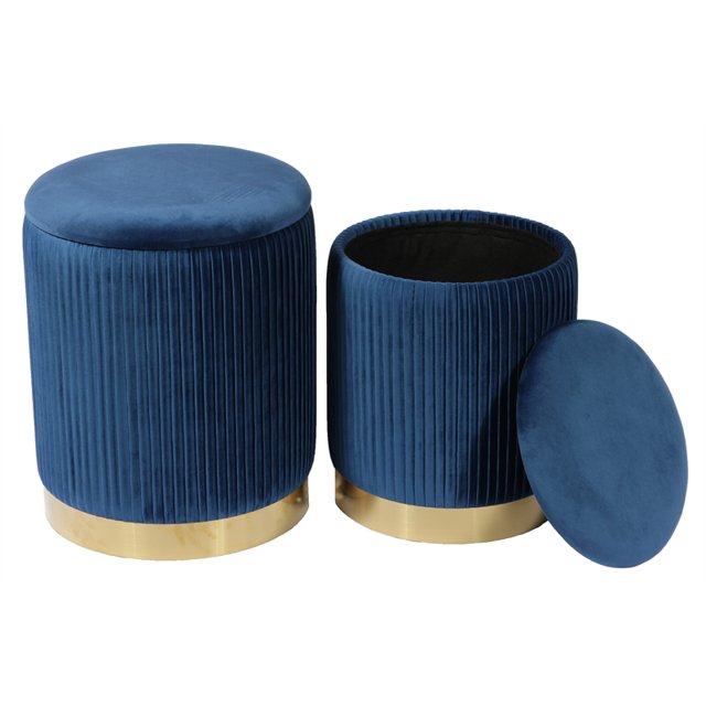 Pouf de Rangement Plissé en Velours Bleu Marine avec Base en Chrome Doré (Lot de 2)