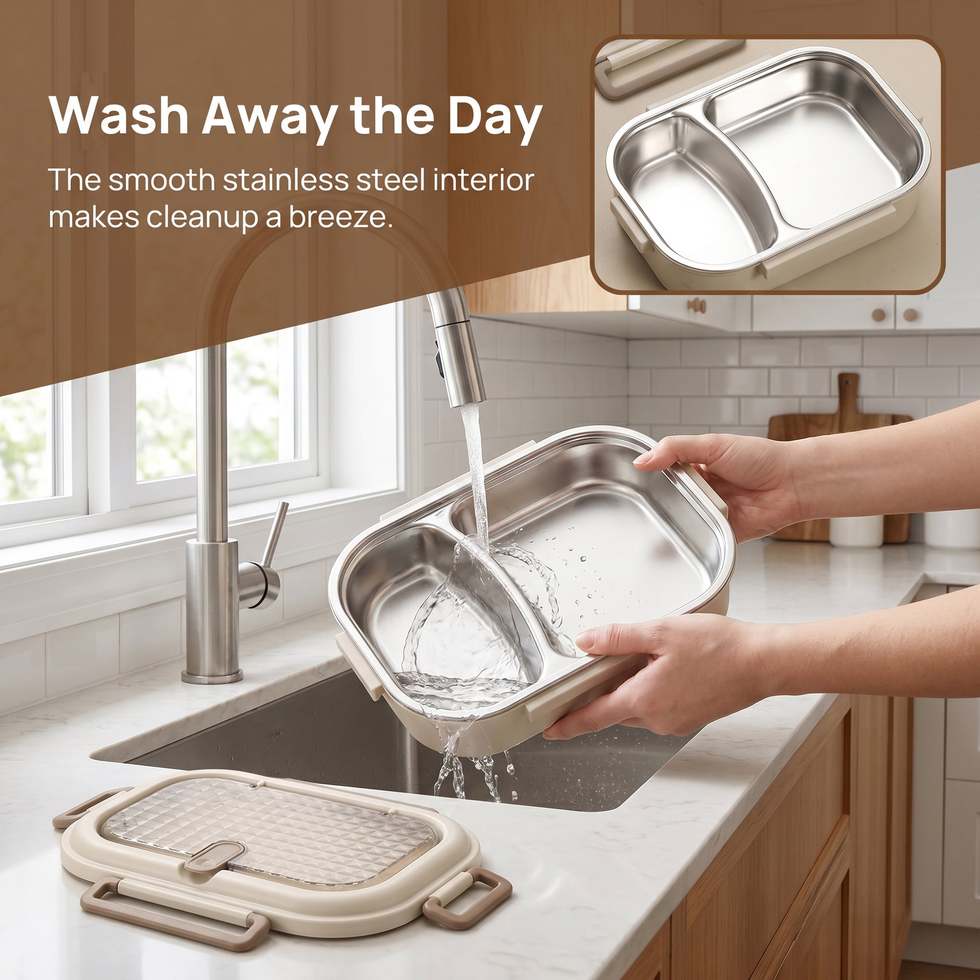 Unique Bargains Leak-Proof Meal Lunch Bento Box with Stainless Steel Light Brown-1