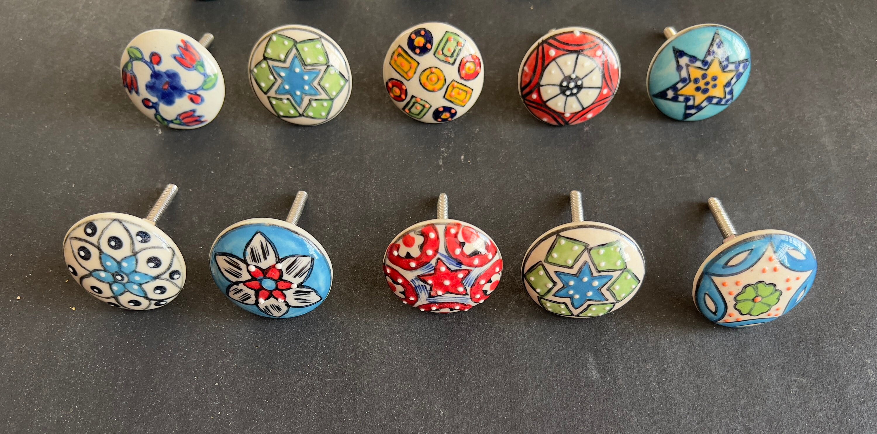 10 PC SET of Cabinet Ceramic Knobs | white and black Colourful Designs| Drawer Dresser Wardrobe Door kitchen knobs| Nuts & Bolts Included
