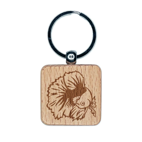 Fancy Betta Fish Square Keychain Charm Tag - Engraved Wood