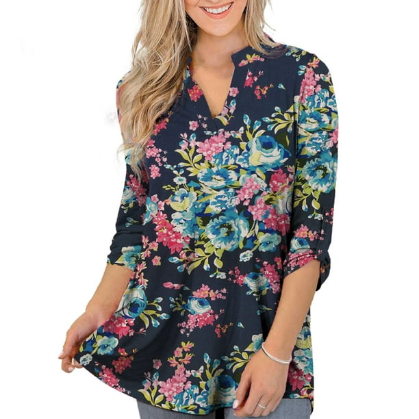 VERABENDI Womens Clothes Plus Size Tops Roll 3/4 Sleeve Shirts V Neck