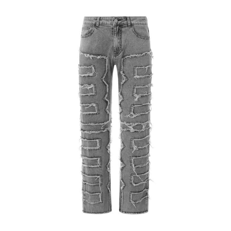 Men's Slim Fit Stretch Jeans Distressed Patchwork Stacked Frayed Straight  Leg Skinny Denim Pants 