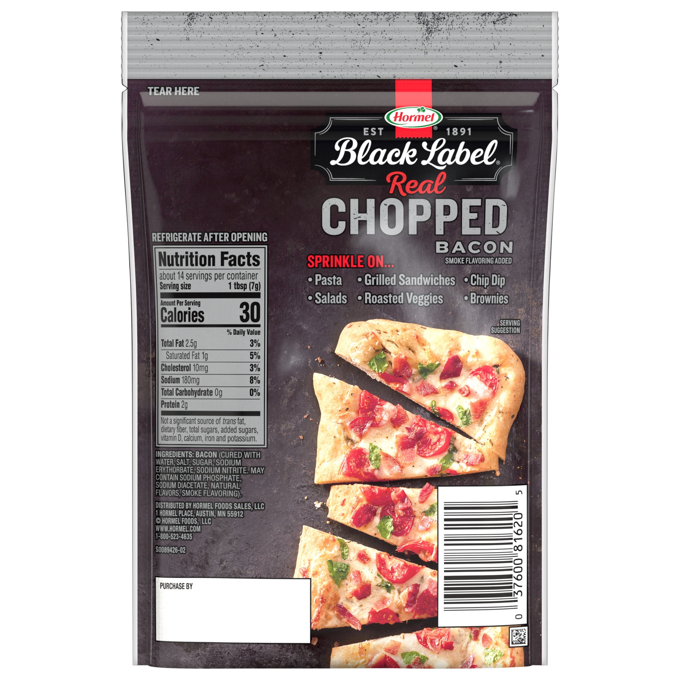 (8 pack) HORMEL BLACK LABEL Real Chopped Bacon Topping, 30 Calories per Serving, Shelf Stable, 3.5 oz Plastic Pouch