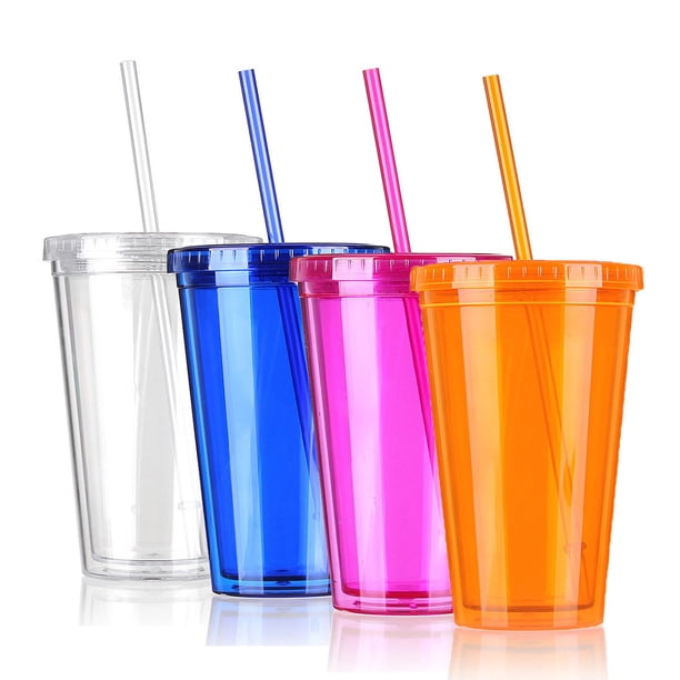 4 Uds 450ml tapa plana taza de paja cubierta transparente taza de té de la leche taza de café para el hogar taza de plástico de doble capa taza de agua para beber (color aleatorio) JAMW Sencillez