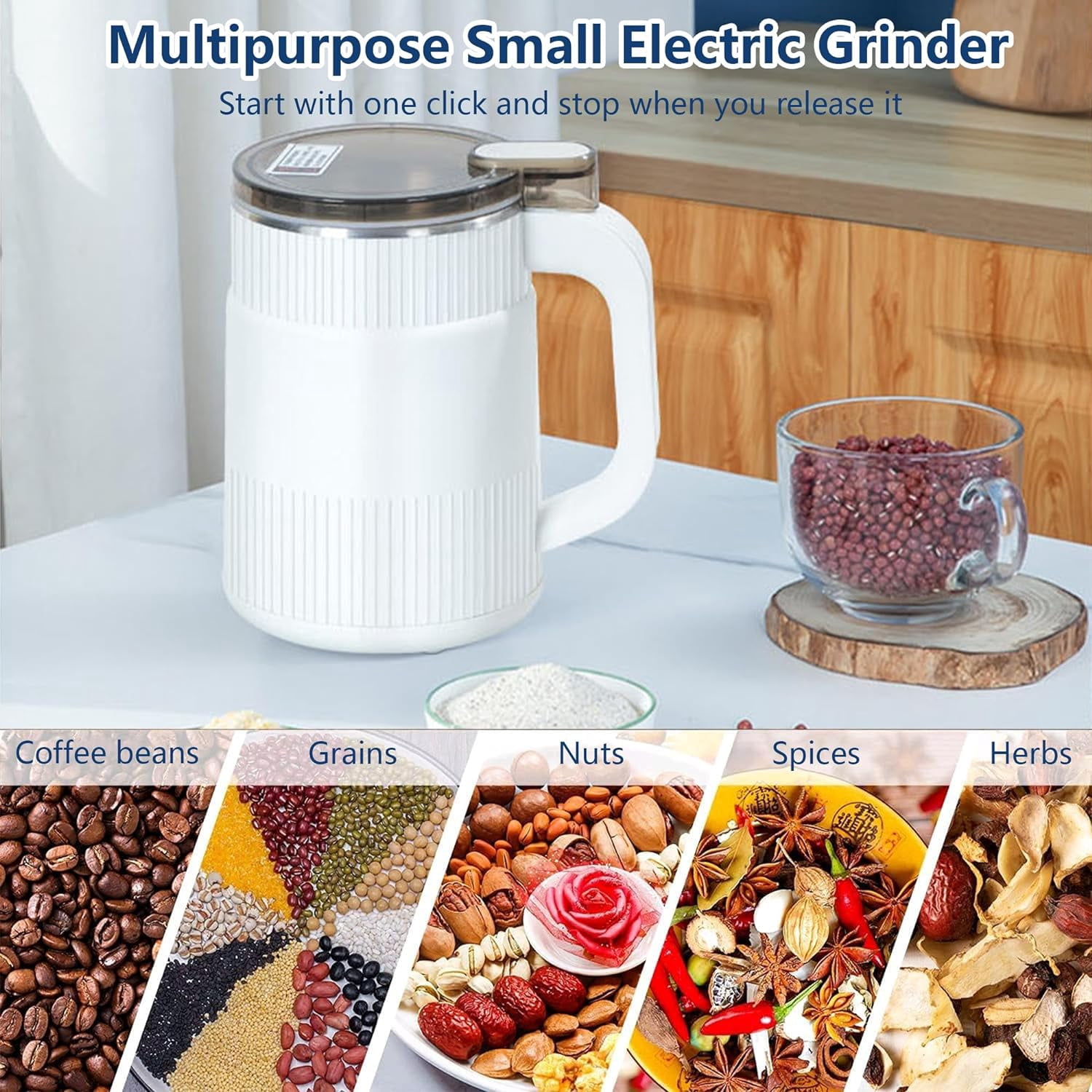 Coffee Grinder Electric for Home Use: Small Spice Grinder Electric Fine Powder,Multifunctional Coffee Bean Grinder Fine Grinding,Pet Food Grinder,110V,500ML/17oz (White)