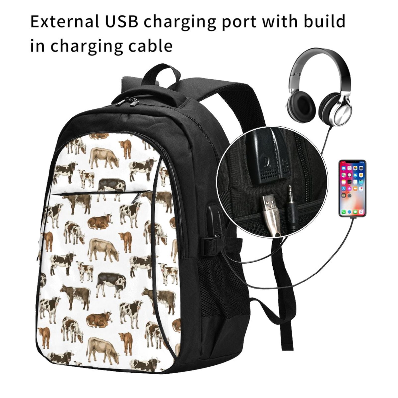 Vsdgher Cow Print Travel Laptop Backpack, Laptops Backpack with USB Charging Port, Water Resistant Computer Bag Gift for Men & Women