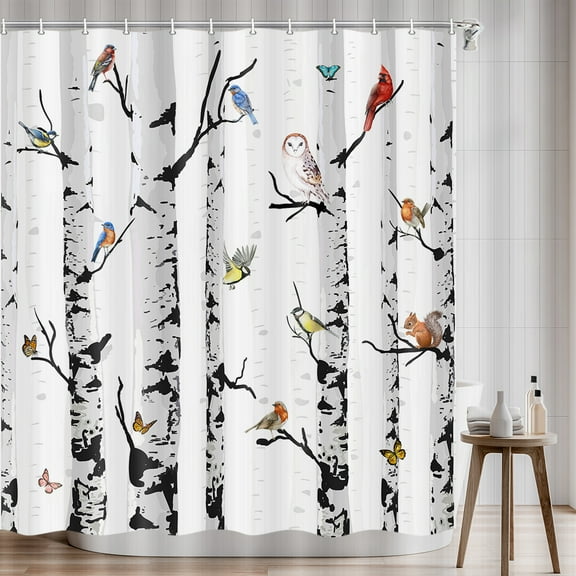 Bird Fabric Shower Curtain, White Black Birch Tree Forest Shower Curtain for Bathroom, Animal Shower Curtains with Hooks 69 x 70 Inch