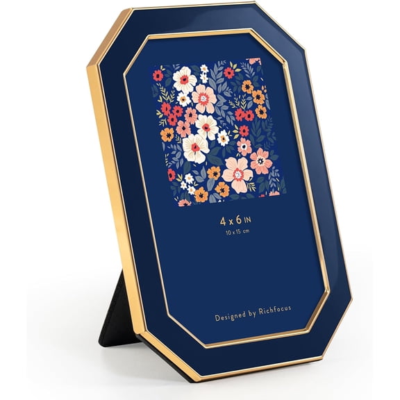 4x6 Enamel Picture Frame with HD-Tempered Glass, Octagon Photo Frame with Gold Metal Edge and Velvet Back for Tabletop and Wall Mount Display, Navy Blue