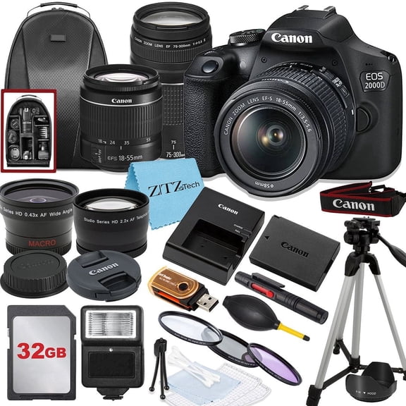 Canon EOS 2000D / Rebel T7 DSLR Camera with 18 to 55mm, 75-300mm Lens, 32GB Memory, Tripod, Backpack and ZeeTech Bundle (International Version)