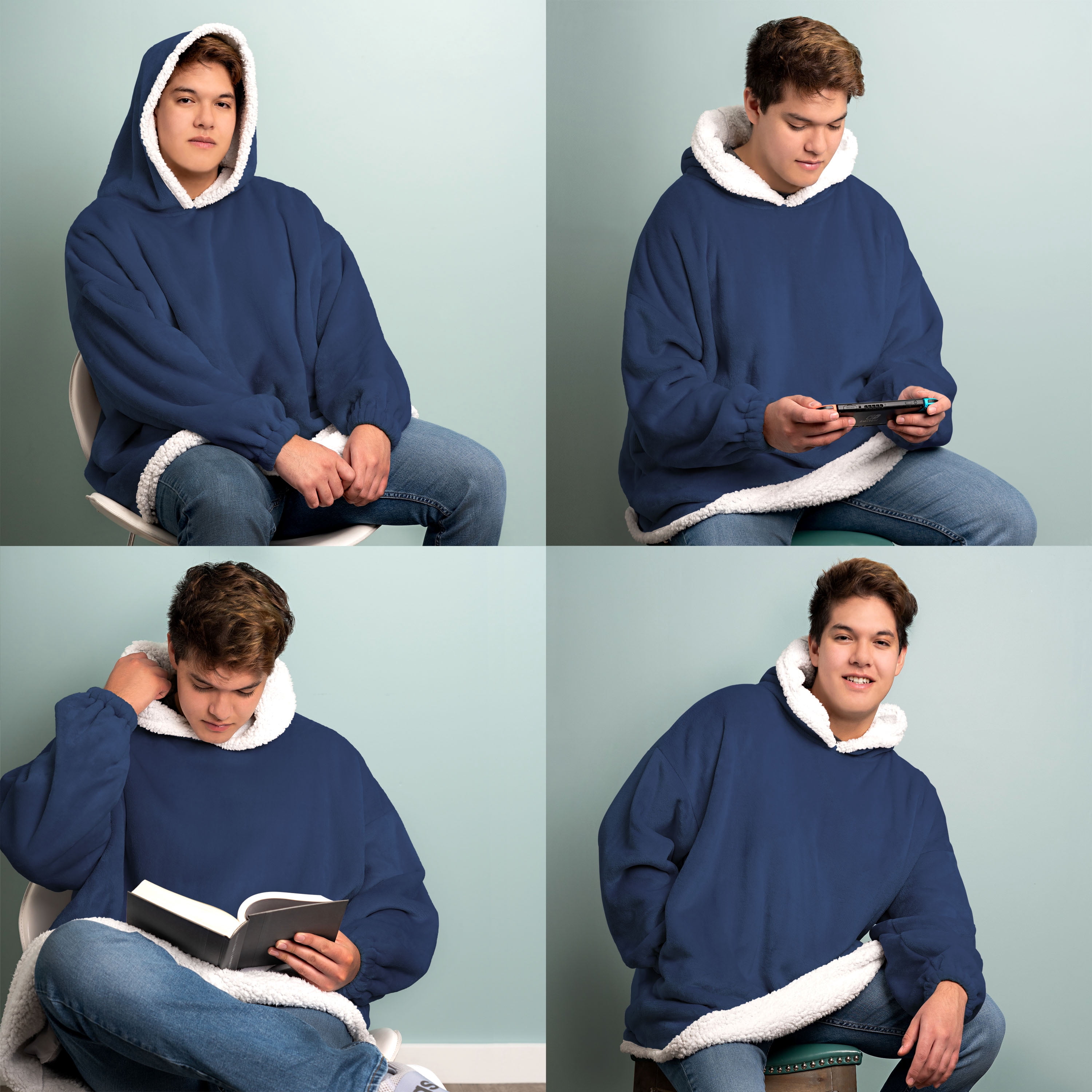 Mainstays Wearable Sherpa Hoodie Throw Blanket, One Size 35" x 33", Indigo