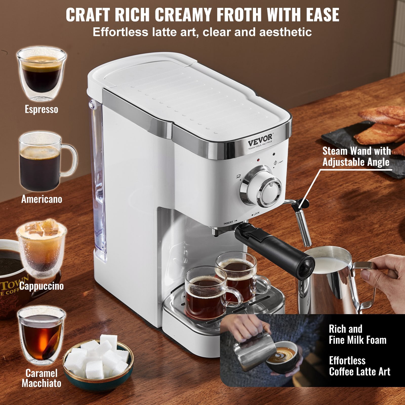 VEVOR Semi-Automatic Espresso Machine, 15Bar Espresso Maker with Milk Frother, High-Power Boiler, Removable Water Tank, and NTC Control System for Professional Cappuccino and Latte