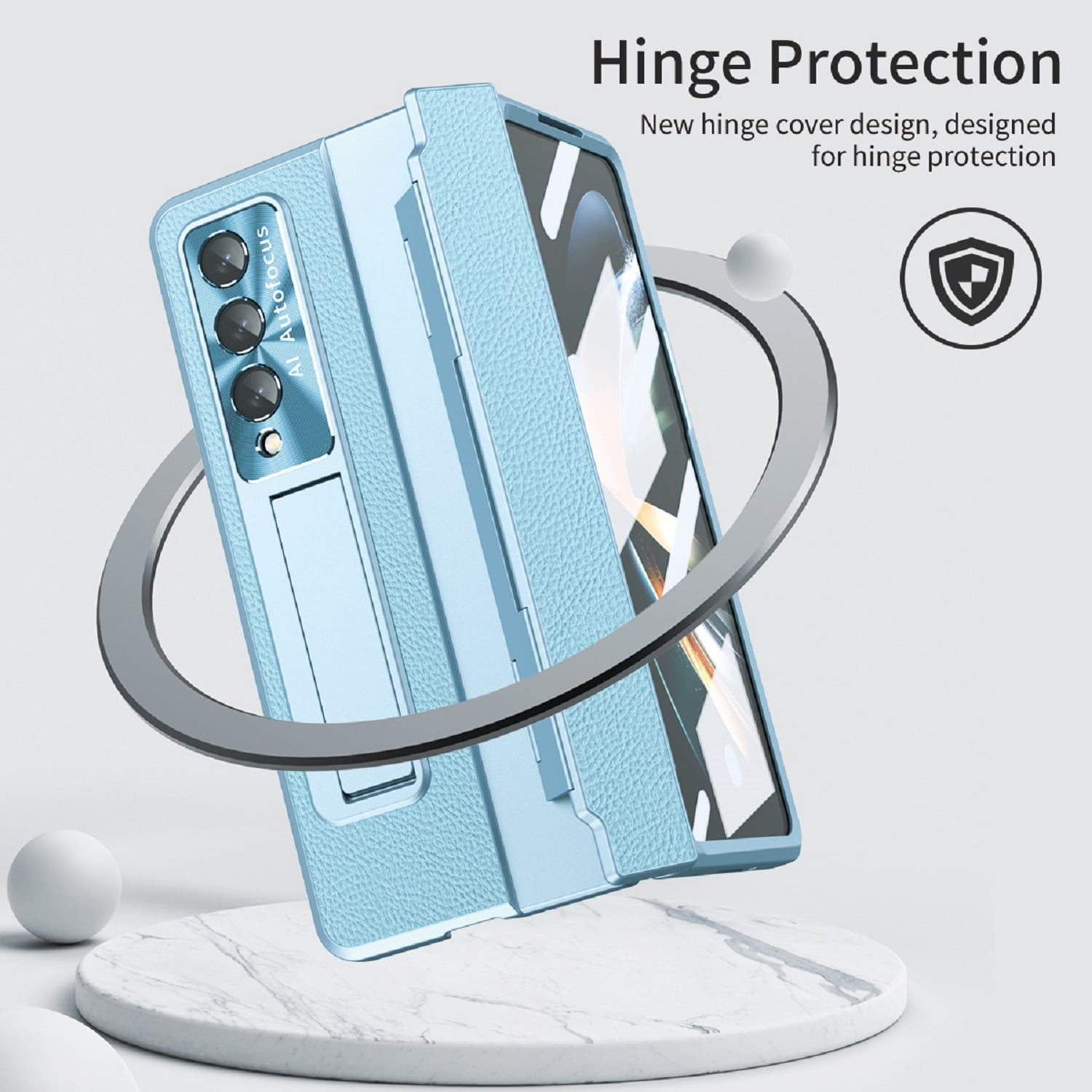 ELEHOLD Luxury Case for Samsung Galaxy Z Fold 3 Rugged PC Shell with Built-in Hidden Kickstand Hinge Protection Support Wireless Charging  Shockproof Protective Case,Blue