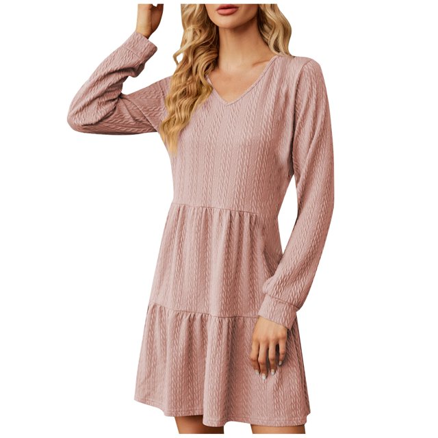 Abcnature Robe Midi Décontractée Automne Hiver à Col en V Manches Longues avec Panneau Contrasté Coupe Ample Jupe Trapèze pour Usage Quotidien