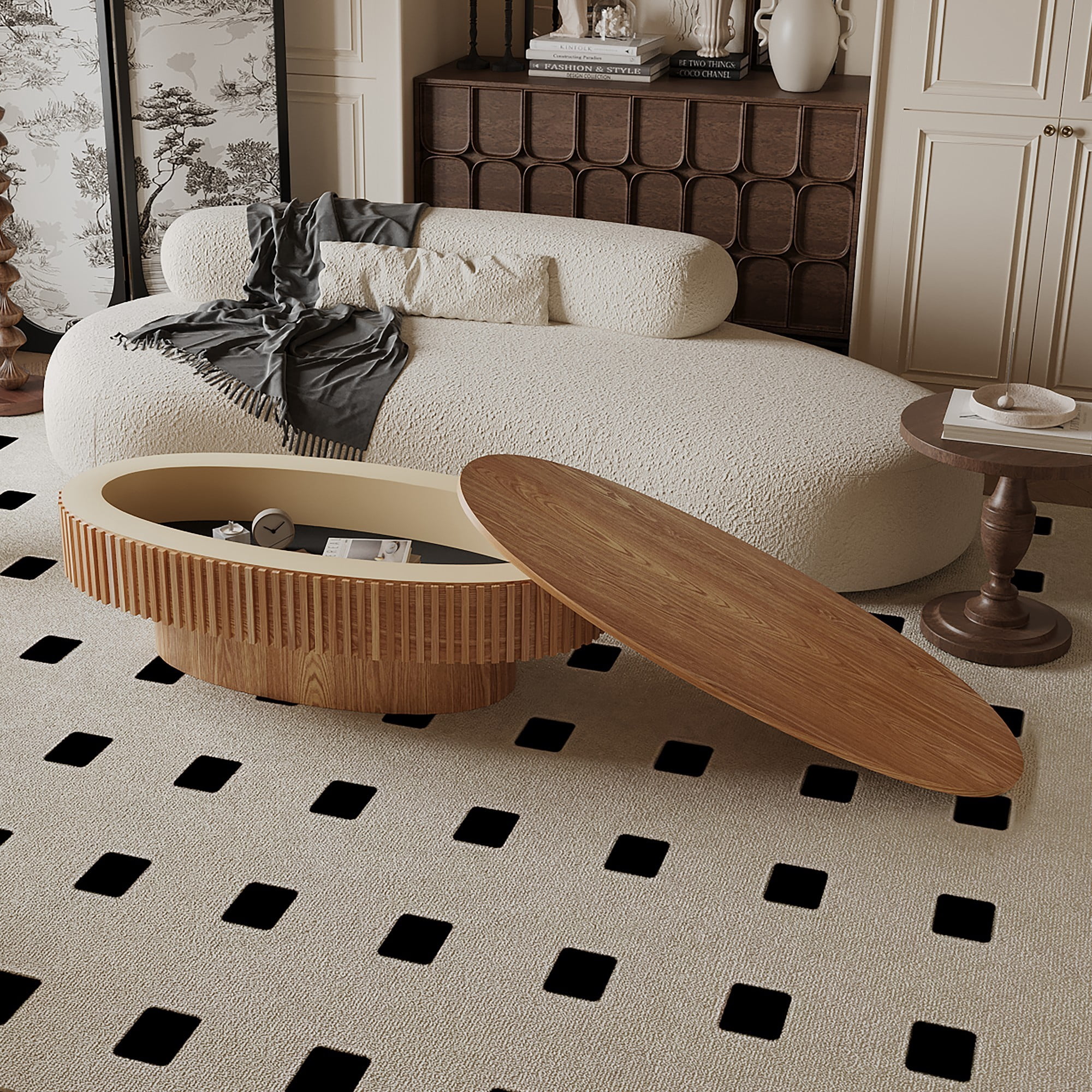 47" Oval Coffee Table with Storage, Fluted Modern Coffee Table with Hidden Storage, Wood Veneer Center Table for Living Room, Natural