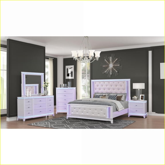 Bedroom Furniture Set Queen 5-Piece Milky White with LED | Contemporary Opium Style | White | Wood