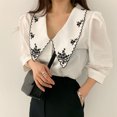 thumbnail image 4 of Camisa de mujer Verano Bordado Solapa Manga abullonada Blusa Retro Top, Blanco, L Sweethay AP001497-02B, 4 of 7
