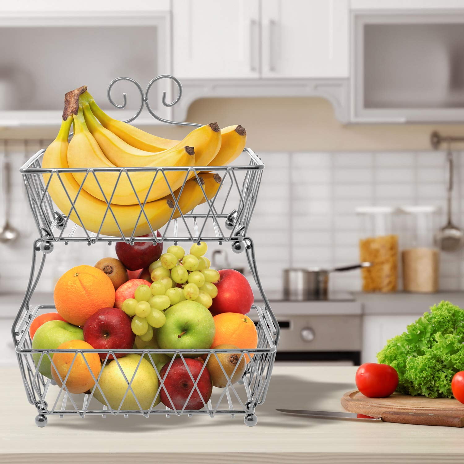 Sorbus Fruit Basket Display Stand, 2-Tier, for Vegetable, Fruit & Bread Counter Storage for Kitchen, Bathroom, Rectangular Antique Metal (Silver)