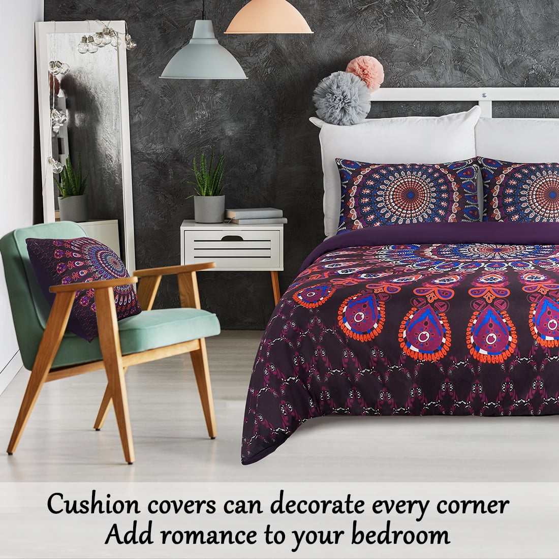 PiccoCasa 5pcs Polyester Duvet Cover Set Bohemian Bedding Set, Purple Queen
