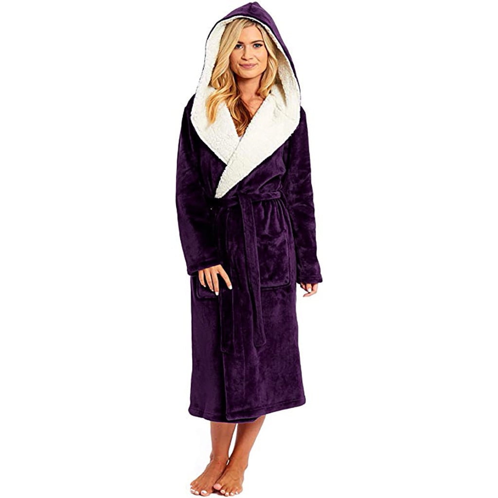 haxmnou plus womens fluffy plush bathrobe nightwear winter warm dressing gown mid length pockets hooded robe sleepwear belt purple m - Walmart.com