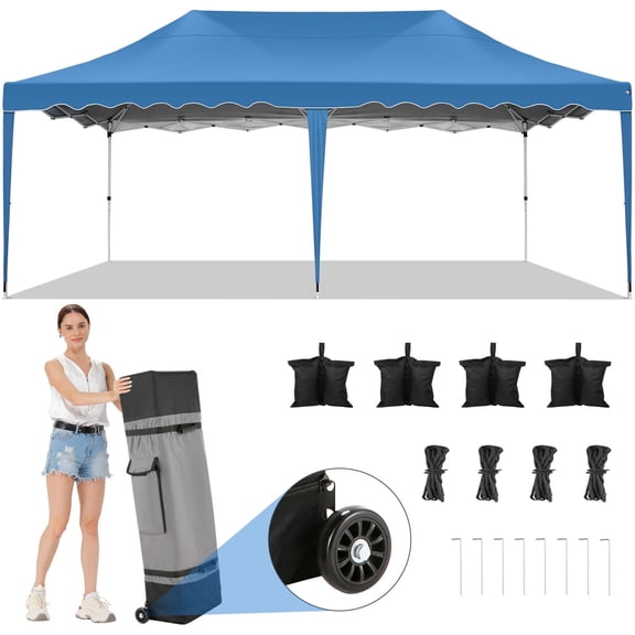 COBIZI 10x20 Canopy Tent Pop Up Canopy, Outdoor Shade Tent with Wheeled Bag & Curled Edge Fully Waterproof, Portable Event Tents for Parties, Wedding, Backyard, Camping,blue