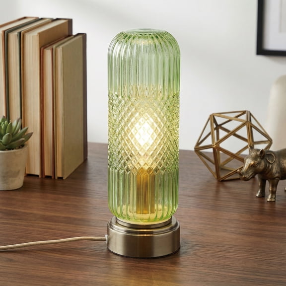 Touch Dimmable Ribbed Glass Table Lamp with Bronze Base and Braided Cord-Green
