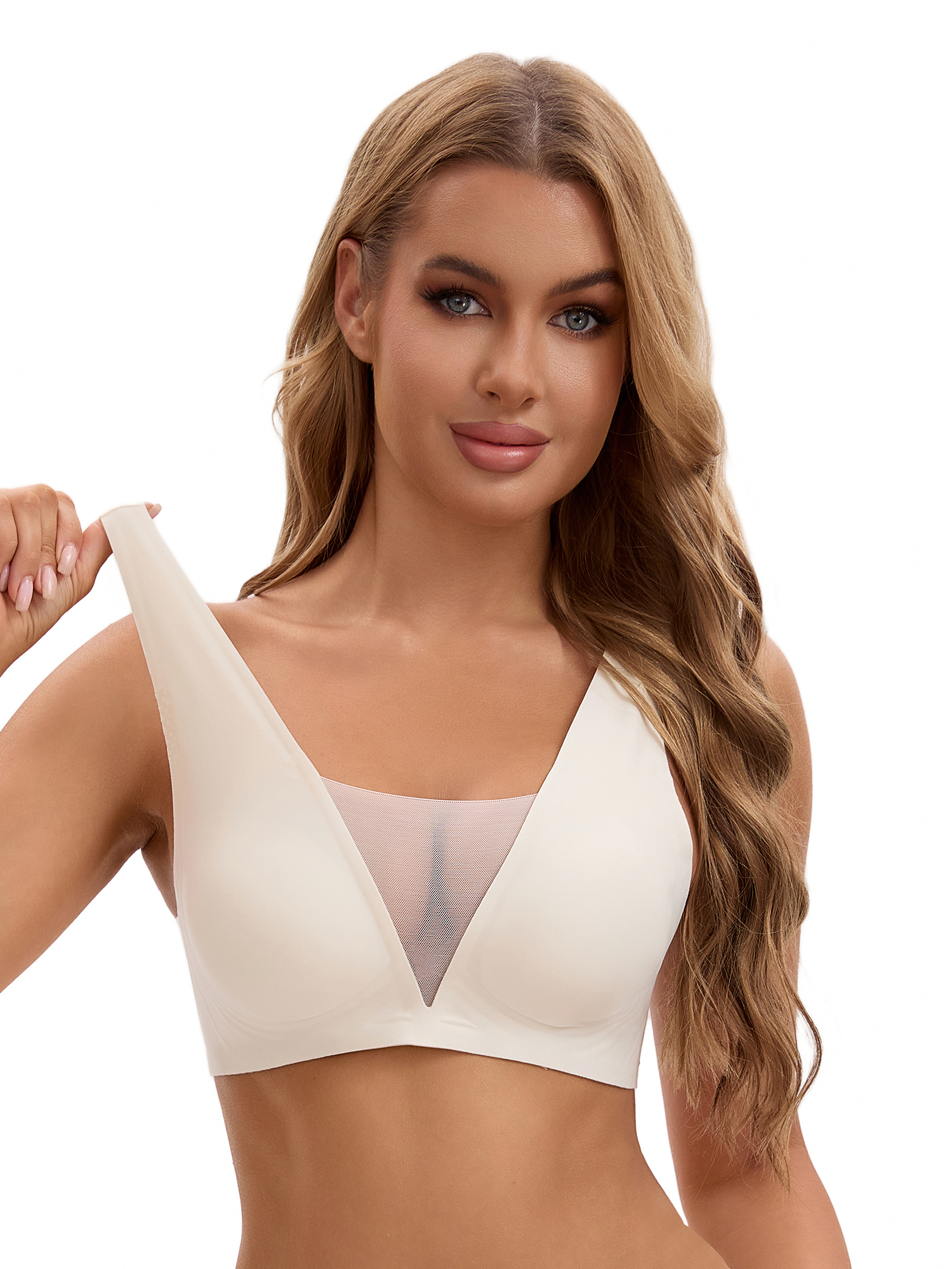 Unique Bargains Women's Deep V Seamless Mesh Plunge Bras Minimizers S White