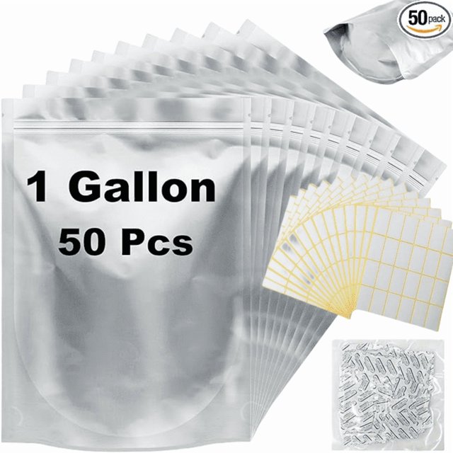 50 Bolsas Mylar con Absorbentes de Oxígeno para Almacenamiento de Alimentos, Bolsas de Almacenamiento de Alimentos Mylar Resellables de 1 Galón para Embalaje, Bolsas de Pie a Prueba de Olores con Cierre