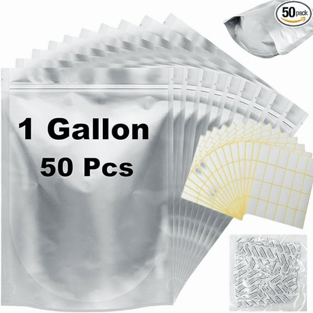 50 Bolsas Mylar con Absorbentes de Oxígeno para Almacenamiento de Alimentos, Bolsas de Almacenamiento de Alimentos Mylar Resellables de 1 Galón para Embalaje, Bolsas de Pie a Prueba de Olores con Cierre