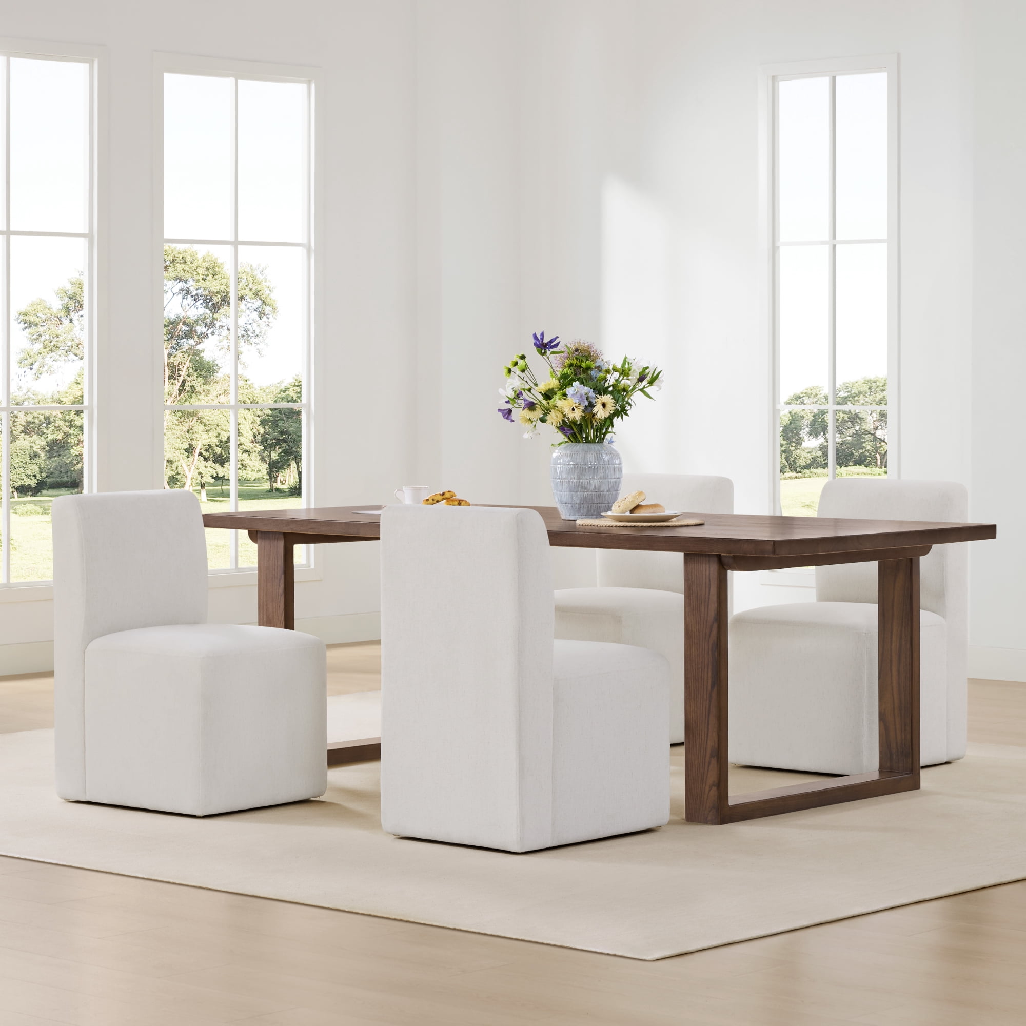 Spruce & Spring Upholstered Dining Chairs with Hidden Casters Set of 2, Cream(Grey-flecked)