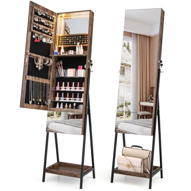 Costway Jewelry Cabinet Armoire Full-Length Mirror with 3-Color LED Lights tip-out Drawer Brown