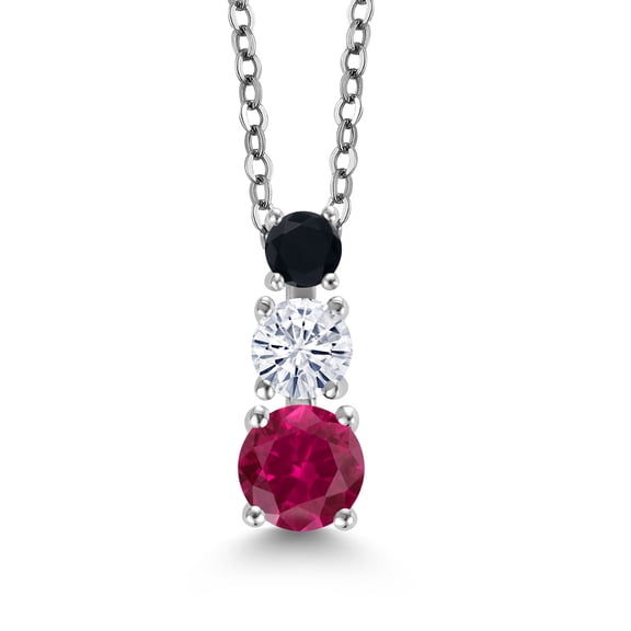 Gem Stone King Red Created Ruby White Moissanite Black Onyx 3 Stone Pendant Necklace for Women (0.93 cttw, Gemstone Birthstone, Round 5MM, 4MM and 3MM, with 18 inch Chain)