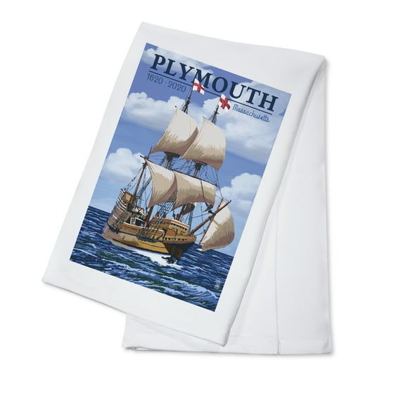 Decorative Tea Towel, Apron Plymouth, Massachusetts, 1620-2020, Mayflower, Unisex, Adjustable, Organic Cotton