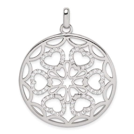 Solid 925 Sterling Silver CZ Cubic Zirconia Hearts Circle Pendant Charm