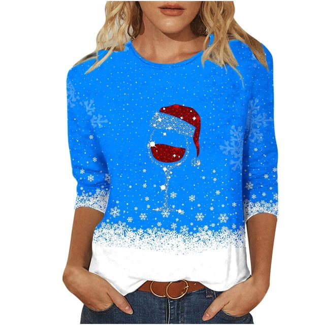 Besolor Chemises de Noël 3/4 pour Femmes Tunique Imprimée Col Rond Hauts Décontractés Grande Taille Blouse de Vacances pour Dames