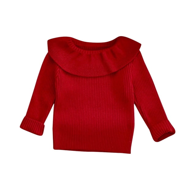 Chandail Décontracté Tricoté Uni pour Filles Manches Longues Col Rond Rouge