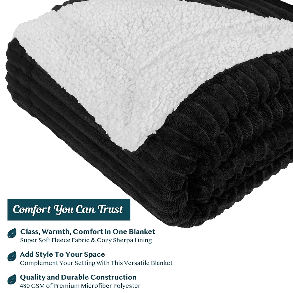 PAVILIA Reversible Sherpa Fleece Throw Blanket Black, Plush Flannel Throw, Ultra Soft Warm Ribbed Microfiber Blanket for Sofa Couch Bed, Luxury Thick Striped Blanket, Black, 50x60