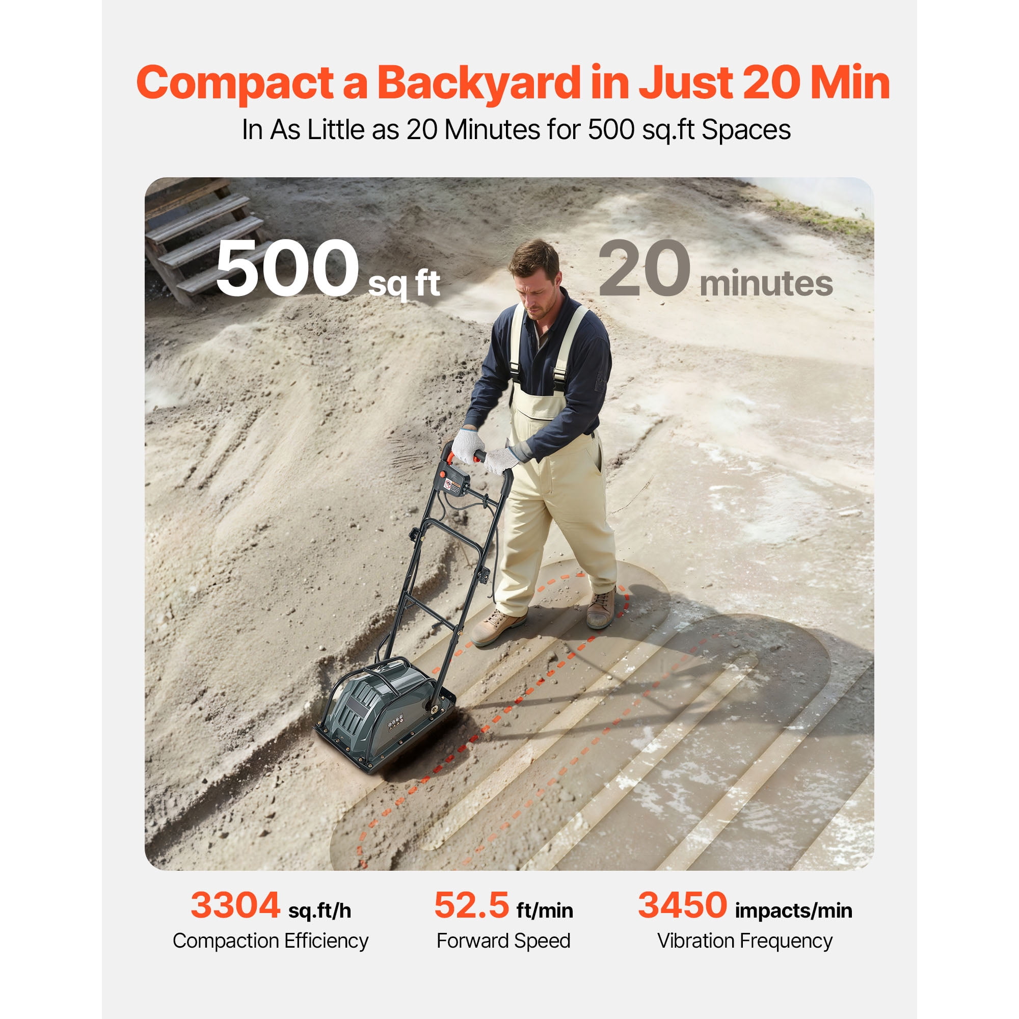 KFFKFF 130W Electric Plate Compactor – Gas-Free Soil Tamper with 5kN Centrifugal Force, 3.9” Compaction Depth for Paver Patio, Driveway Repair & Landscaping, 33ft Cord