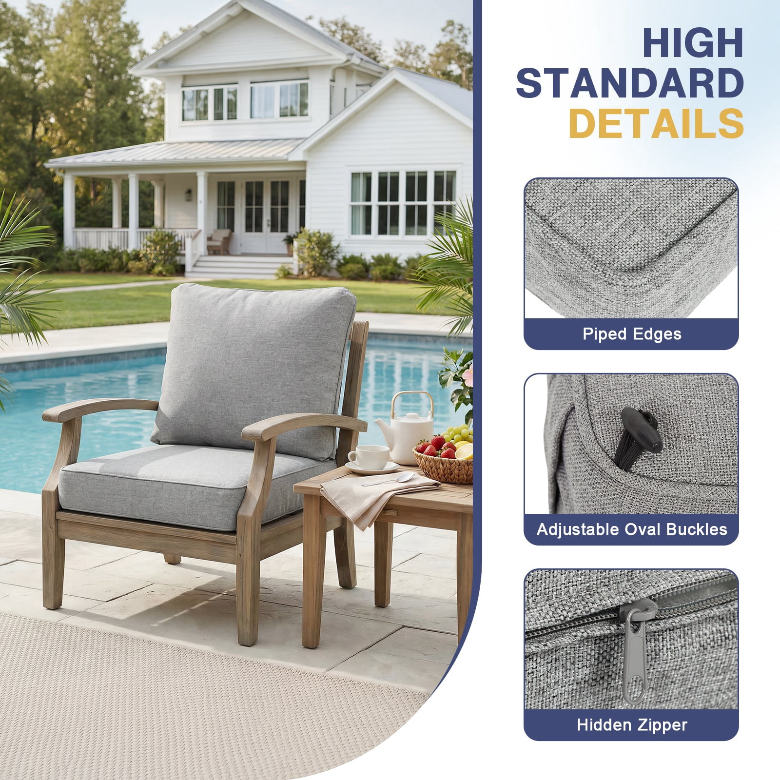 Aoodor 24 x 26 Inch Outdoor Seat Cushion Set of 2, Water-Resistant & Fade Resistant Deep Seat and Back Cushion with Removable Cover for Patio Furniture Chair, Sofa and Couch, Light Gray