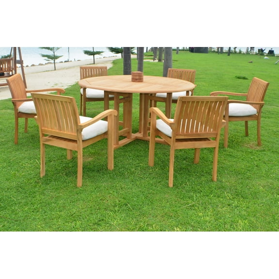 Teak Dining Set:6 Seater 7 Pc - 60" Round Table And 6 Napa Stacking Arm Chairs Outdoor Patio Grade-A Teak Wood WholesaleTeak #WMDSNP5