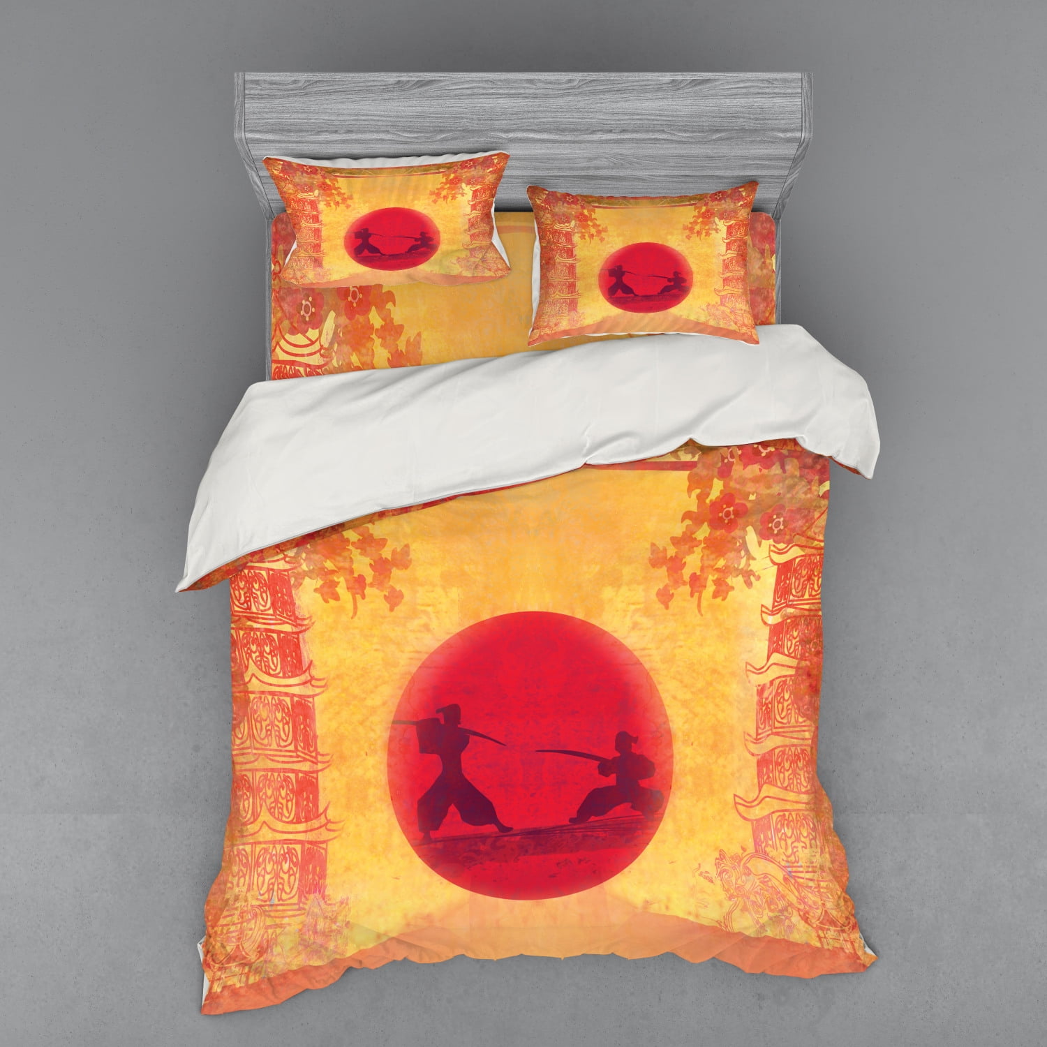 Japanese Duvet Cover Set, Warrior Ninjas at Sunset Between Building