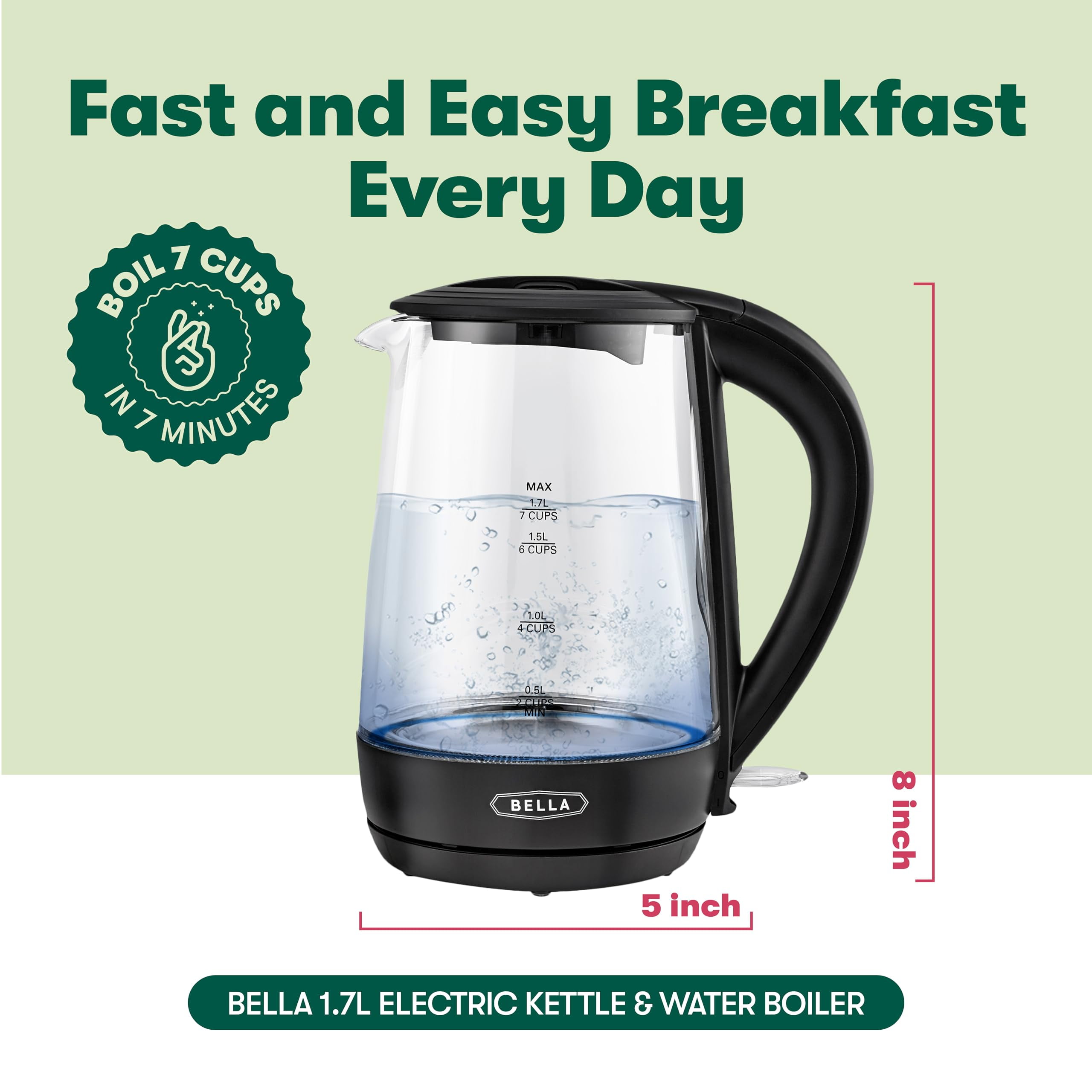 BELLA 1.7 Liter Glass Electric Kettle, Quickly Boil 7 Cups of Water in 6-7 Minutes, Soft Blue LED Lights Illuminate While Boiling, Cordless Portable Heater, Carefree Auto Shut-Off, Black