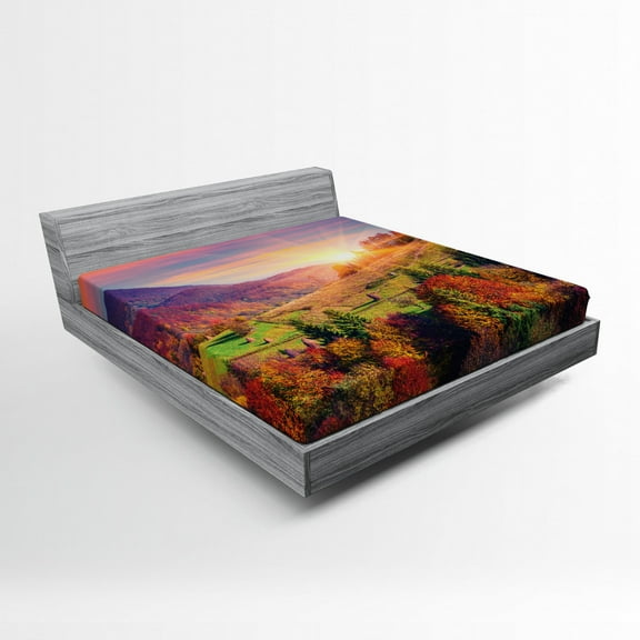 Ambesonne Autumn Fitted Sheet, Morning in Mountain Tree, Queen Size, Red Purple Green